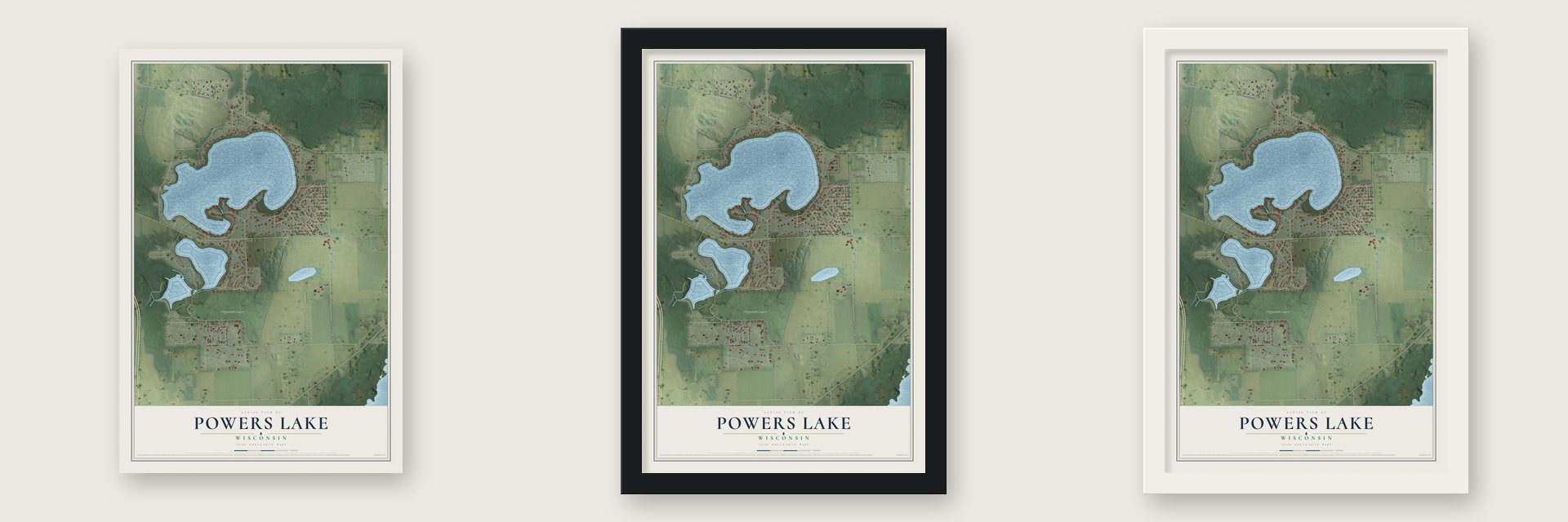 Powers Lake, Wisconsin map unframed, in a black wood frame and in a white wood frame