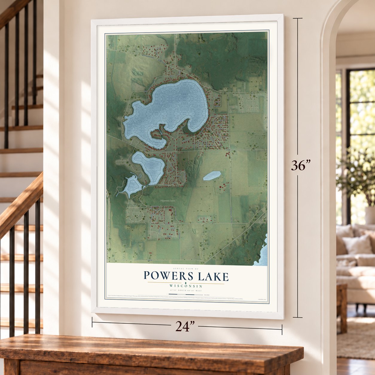 Powers Lake, Wisconsin map, 24 x 36 inch print in a white frame by a staircase