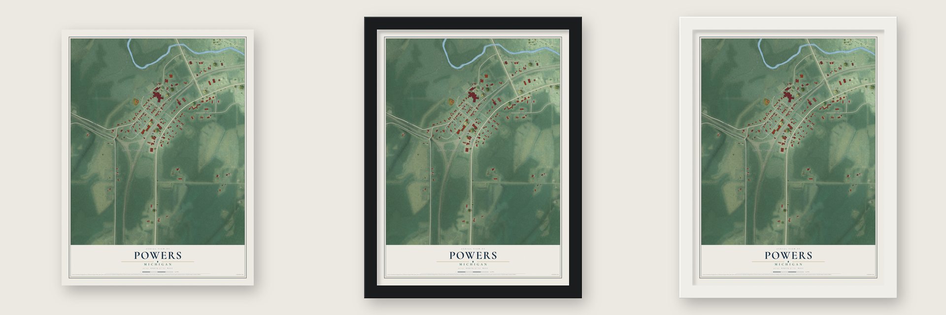 Powers, Michigan map unframed, in a black wood frame and in a white wood frame