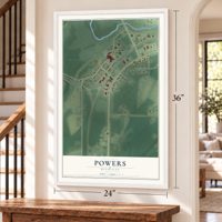 Powers, Michigan map, 24 x 36 inch print in a white frame by a staircase