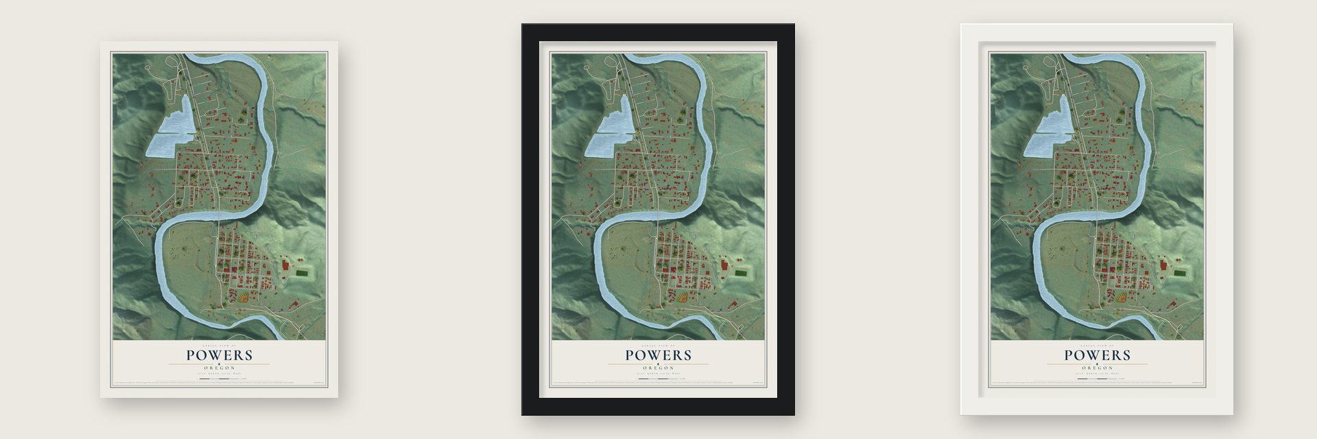 Powers, Oregon map unframed, in a black wood frame and in a white wood frame