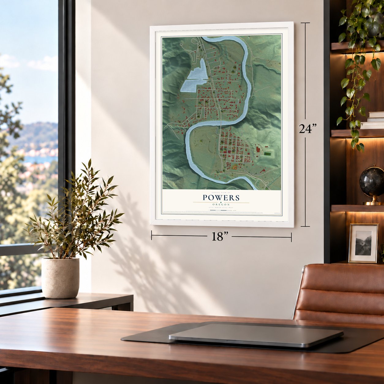 Powers, Oregon map, 18 x 24 inch print in a white frame in a home office