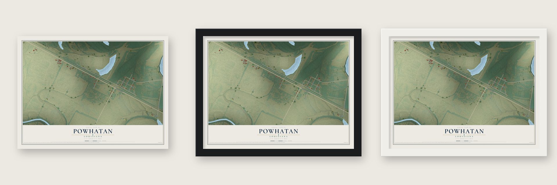 Powhatan, Louisiana map unframed, in a black wood frame and in a white wood frame