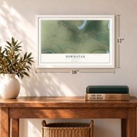 Powhatan, Louisiana map, 12 x 18 inch print in a white frame in an entryway