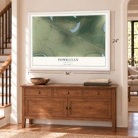 Powhatan, Louisiana map, 24 x 36 inch print in a white frame above a dresser by a staircase