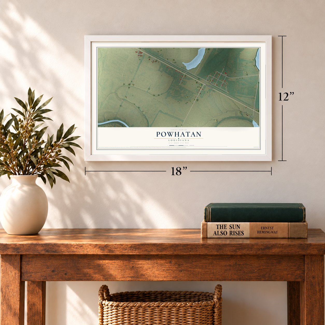 Powhatan, Louisiana map, 12 x 18 inch print in a white frame in an entryway