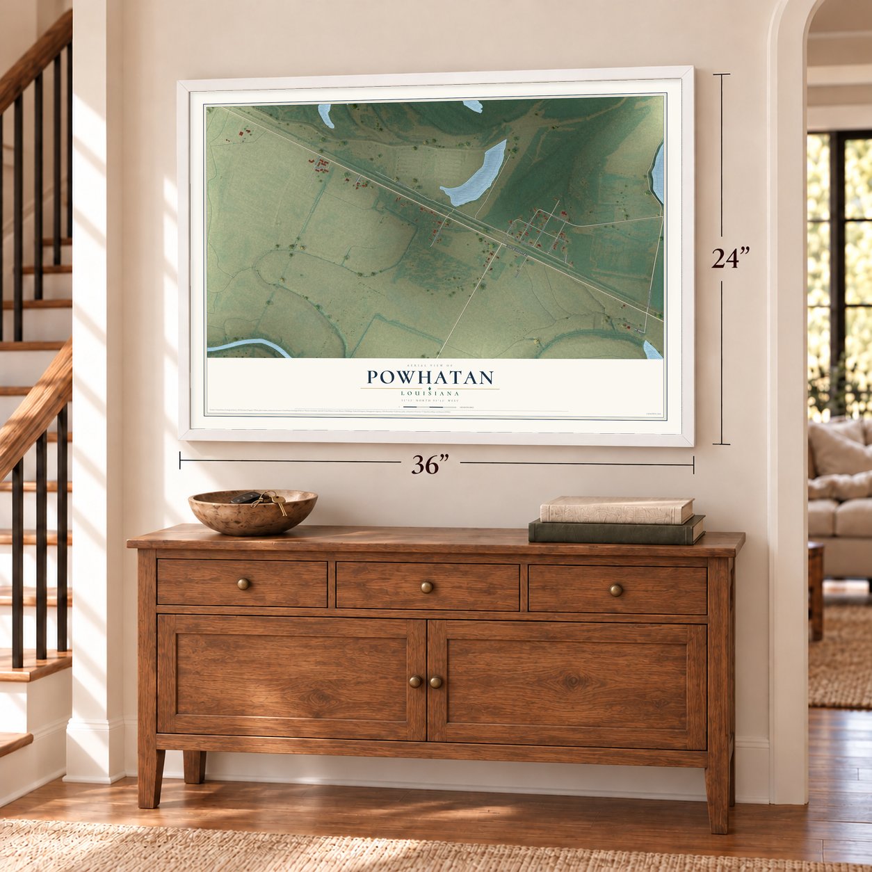 Powhatan, Louisiana map, 24 x 36 inch print in a white frame above a dresser by a staircase