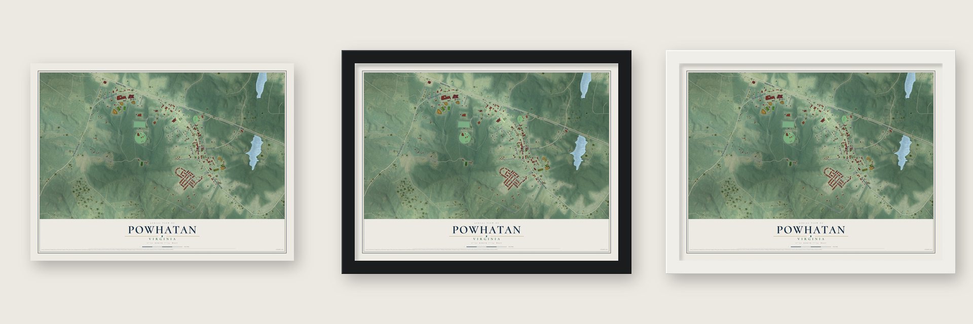 Powhatan, Virginia map unframed, in a black wood frame and in a white wood frame