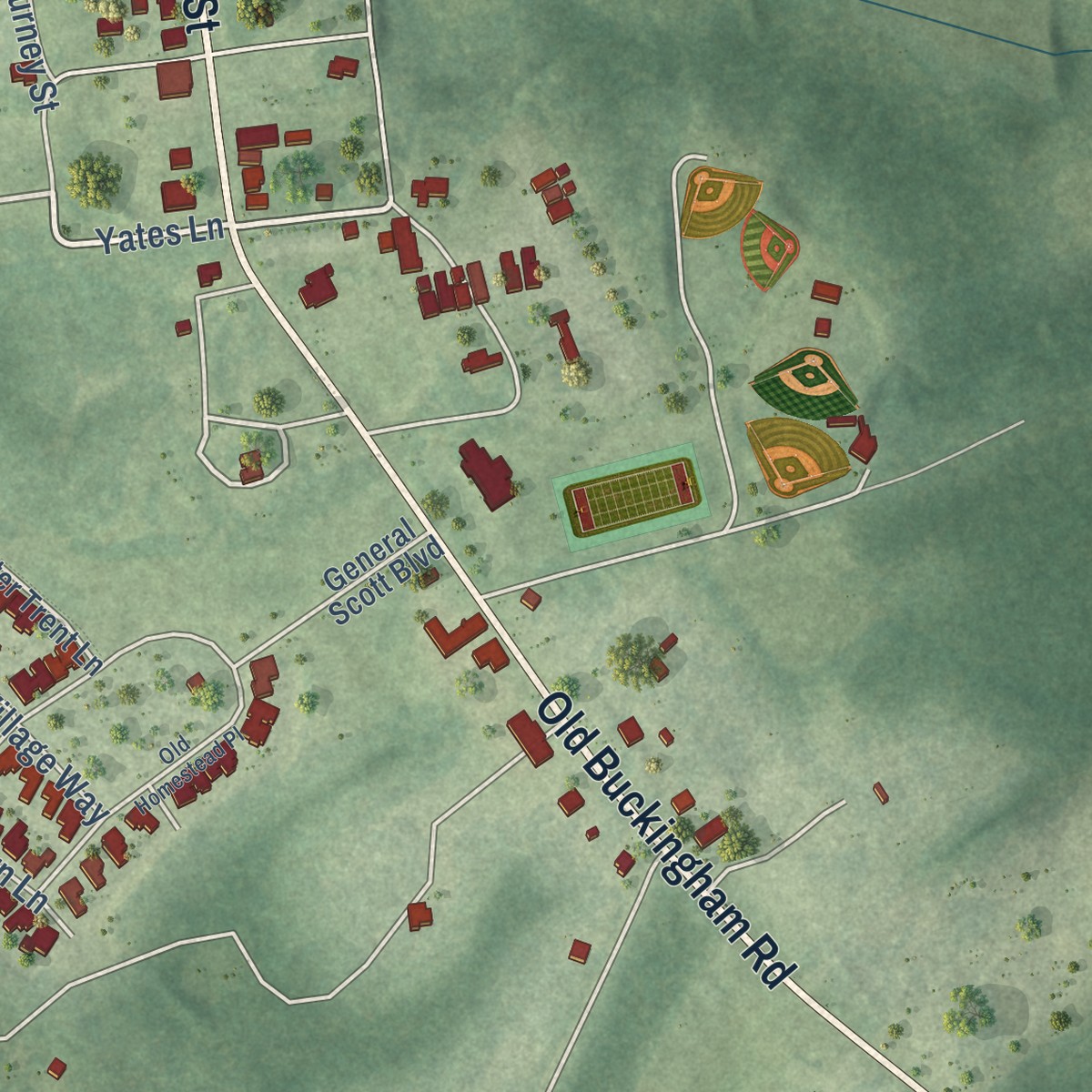 Second close-up of the map of Powhatan, Virginia print showing more streets and buildings