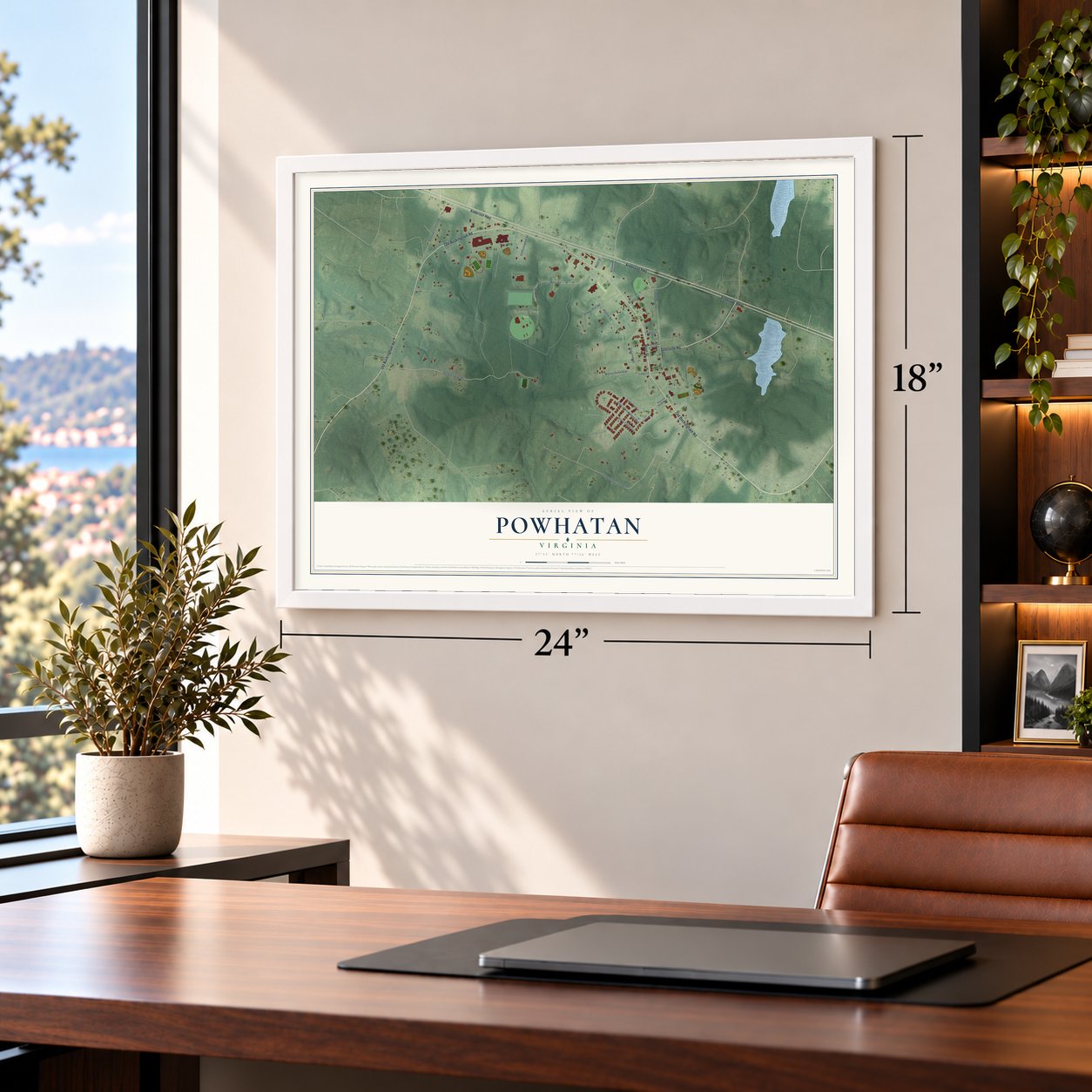 Powhatan, Virginia map, 18 x 24 inch print in a white frame in a home office