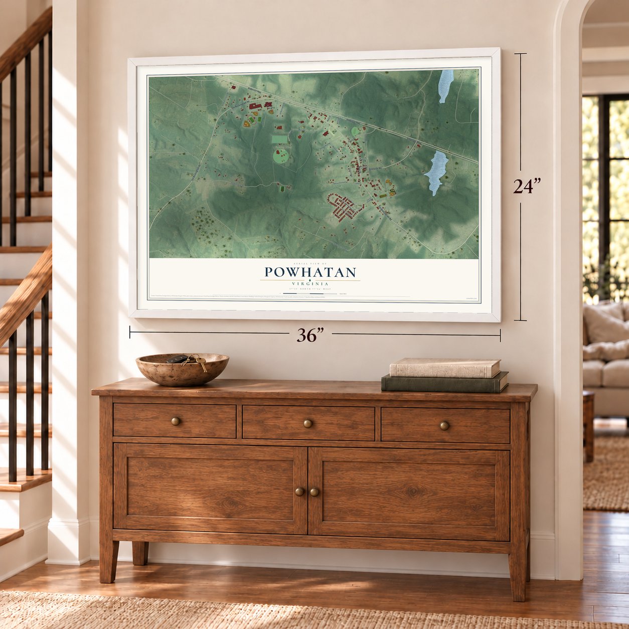 Powhatan, Virginia map, 24 x 36 inch print in a white frame above a dresser by a staircase