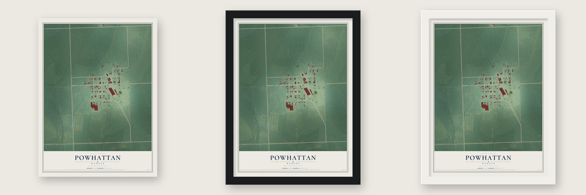 Powhattan, Kansas map unframed, in a black wood frame and in a white wood frame