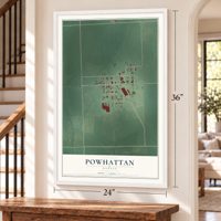 Powhattan, Kansas map, 24 x 36 inch print in a white frame by a staircase