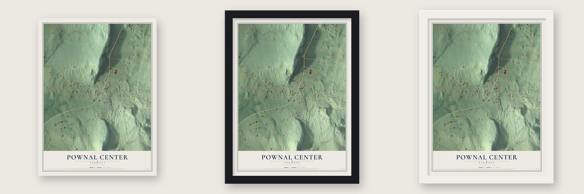 Pownal Center, Vermont map unframed, in a black wood frame and in a white wood frame