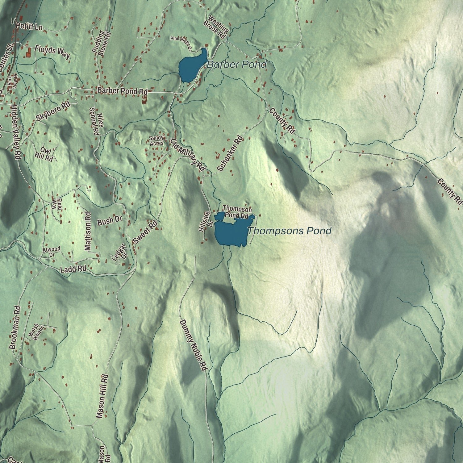 Close-up of the map of Pownal, Vermont print showing terrain and local geography