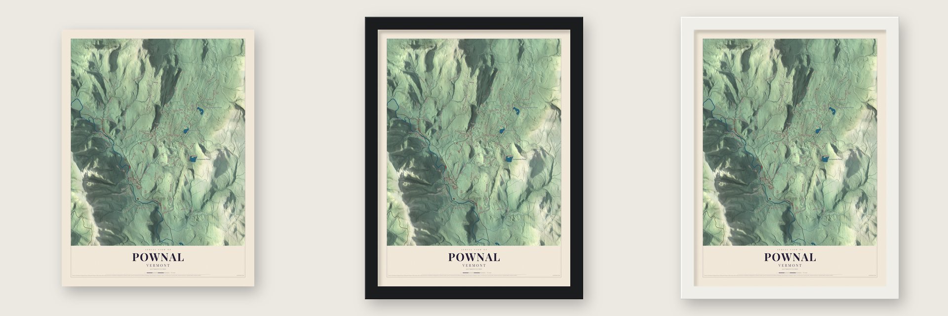 Pownal, Vermont map unframed, in a black wood frame and in a white wood frame
