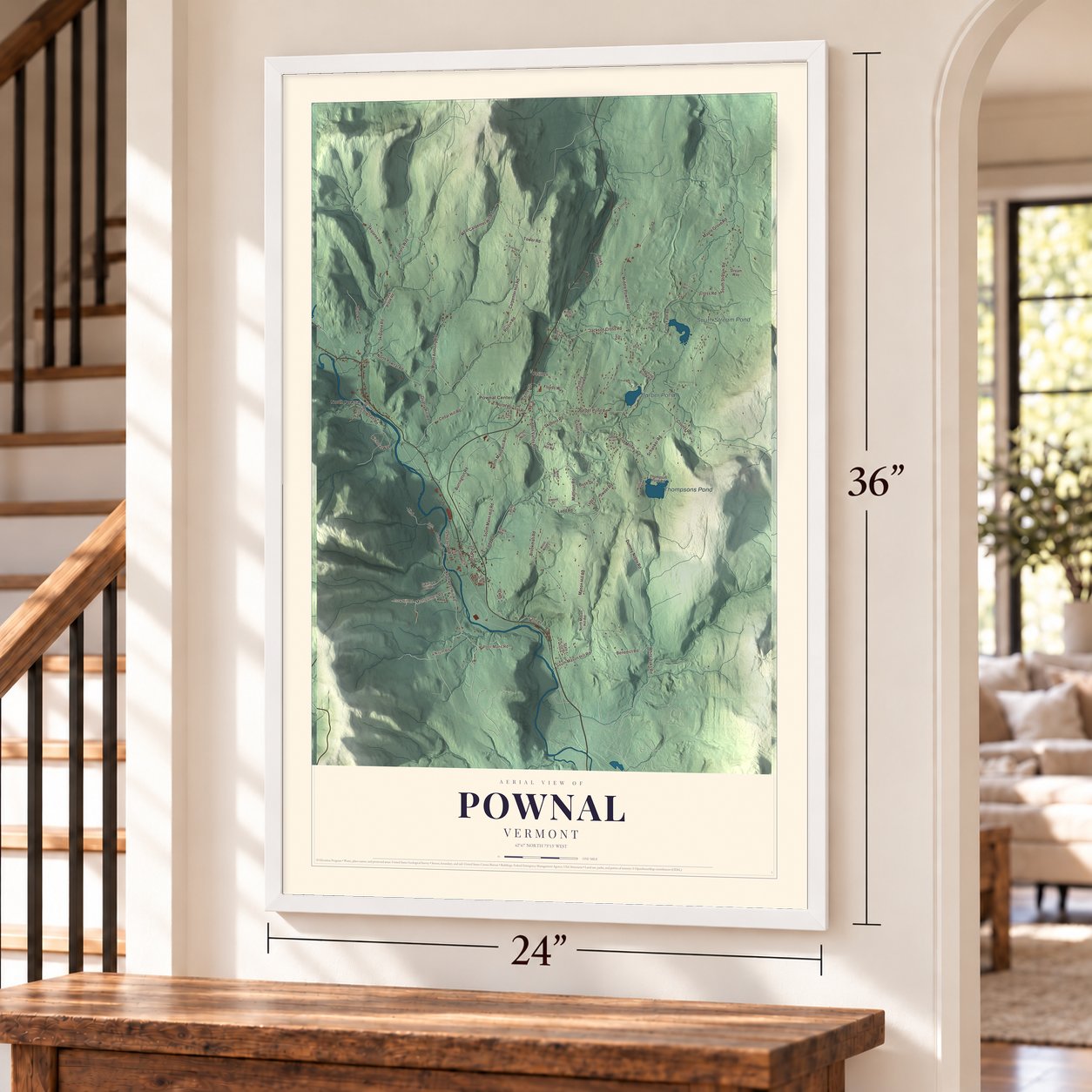 Pownal, Vermont map, 24 x 36 inch print in a white frame by a staircase