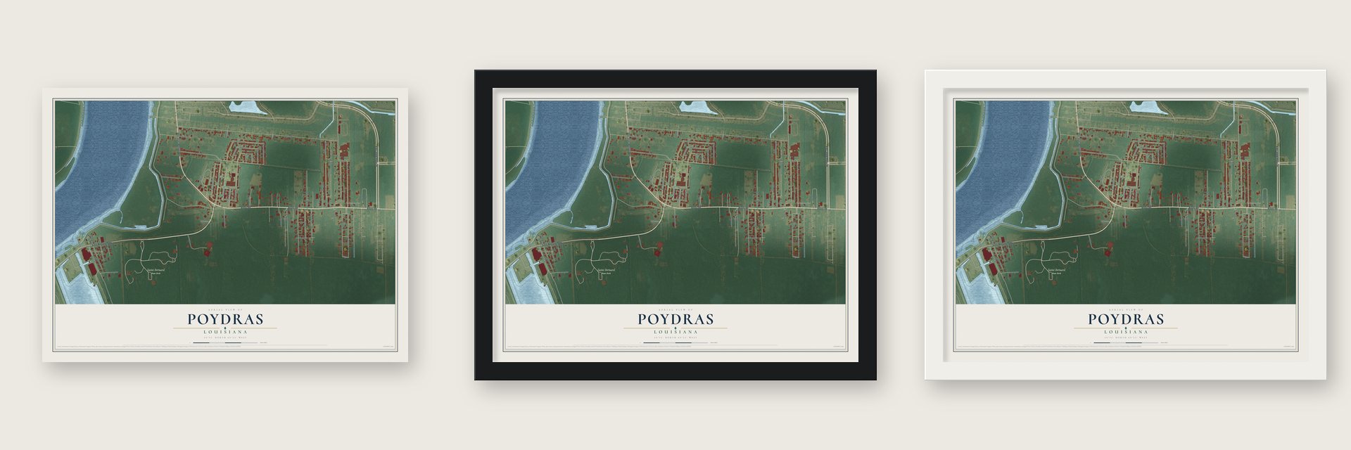 Poydras, Louisiana map unframed, in a black wood frame and in a white wood frame