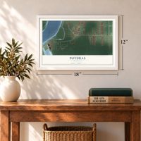 Poydras, Louisiana map, 12 x 18 inch print in a white frame in an entryway