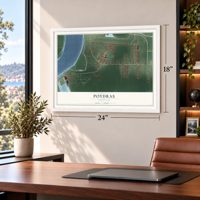 Poydras, Louisiana map, 18 x 24 inch print in a white frame in a home office