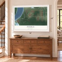 Poydras, Louisiana map, 24 x 36 inch print in a white frame above a dresser by a staircase