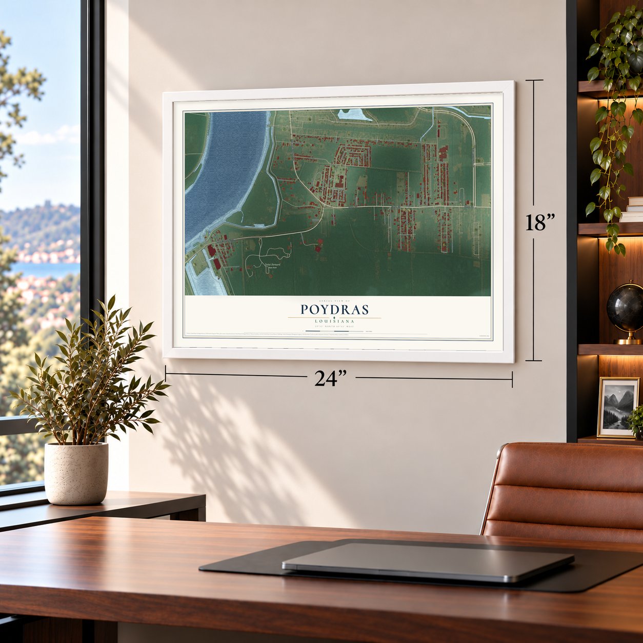 Poydras, Louisiana map, 18 x 24 inch print in a white frame in a home office