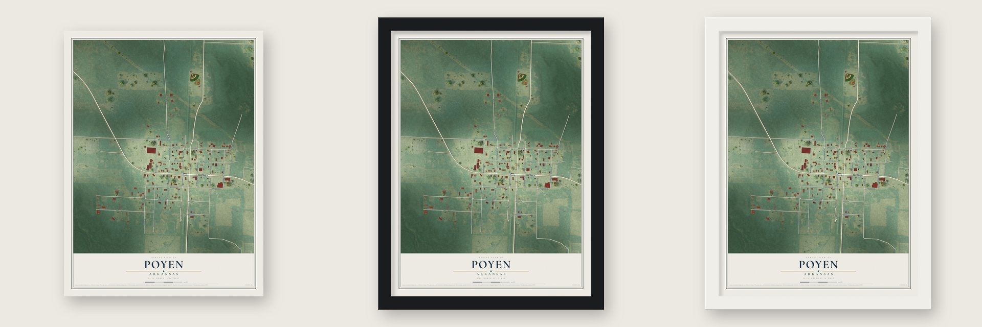 Poyen, Arkansas map unframed, in a black wood frame and in a white wood frame