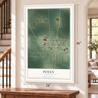 Poyen, Arkansas map, 24 x 36 inch print in a white frame by a staircase