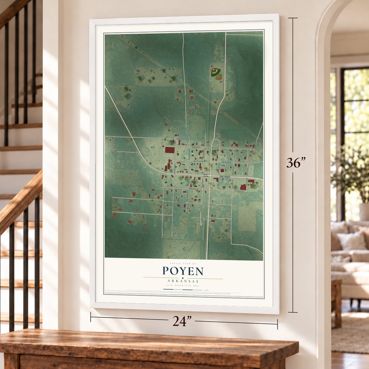 Poyen, Arkansas map, 24 x 36 inch print in a white frame by a staircase