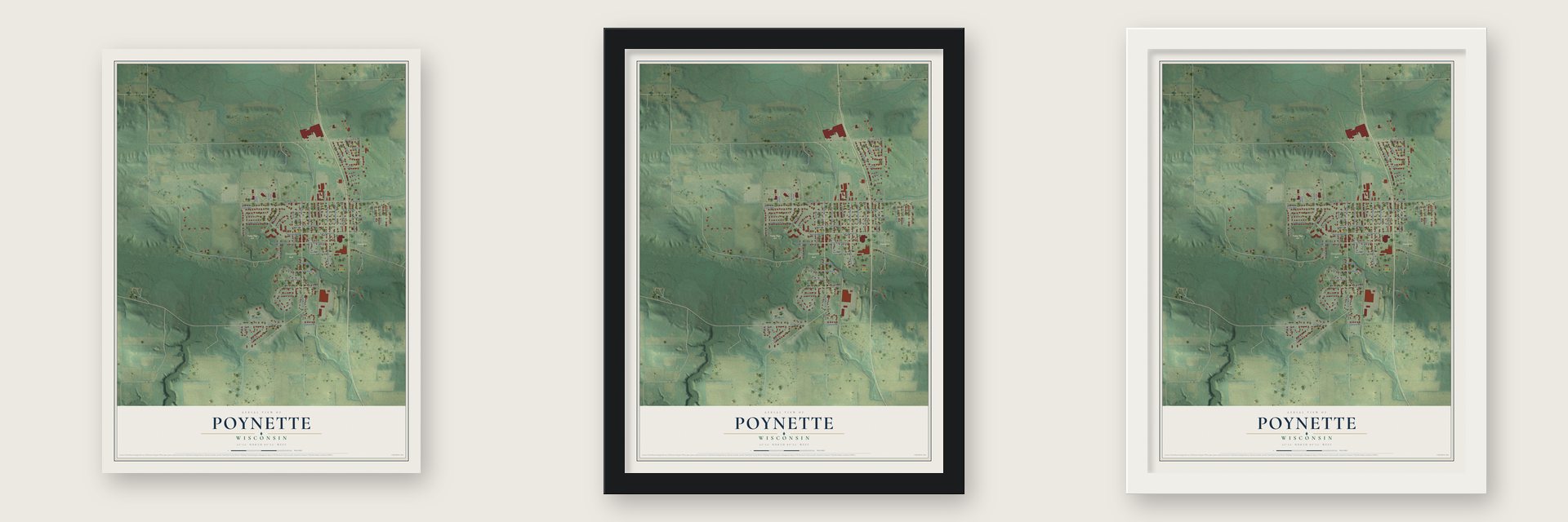 Poynette, Wisconsin map unframed, in a black wood frame and in a white wood frame