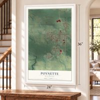 Poynette, Wisconsin map, 24 x 36 inch print in a white frame by a staircase
