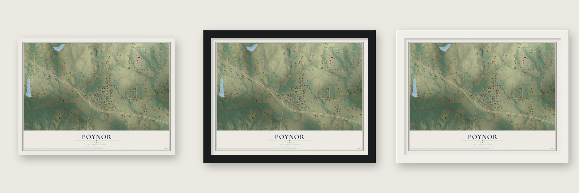 Poynor, Texas map unframed, in a black wood frame and in a white wood frame