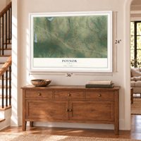 Poynor, Texas map, 24 x 36 inch print in a white frame above a dresser by a staircase