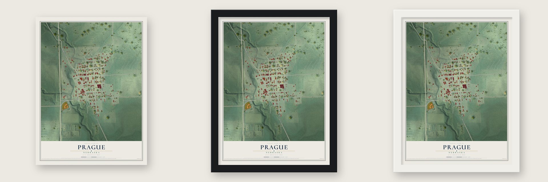 Prague, Nebraska map unframed, in a black wood frame and in a white wood frame