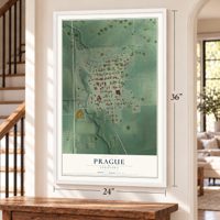Prague, Nebraska map, 24 x 36 inch print in a white frame by a staircase