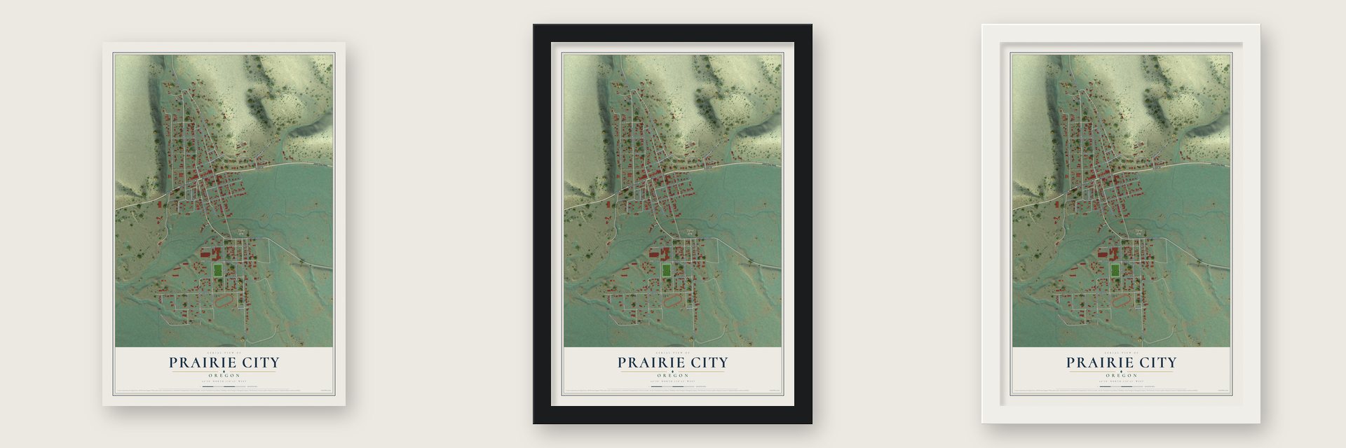 Prairie City, Oregon map unframed, in a black wood frame and in a white wood frame