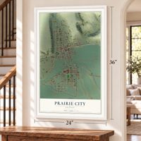 Prairie City, Oregon map, 24 x 36 inch print in a white frame by a staircase