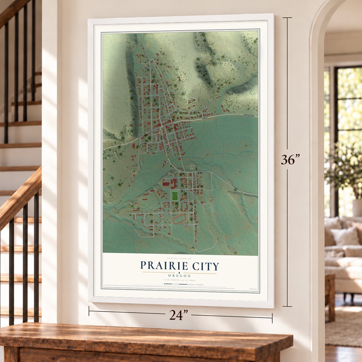 Prairie City, Oregon map, 24 x 36 inch print in a white frame by a staircase