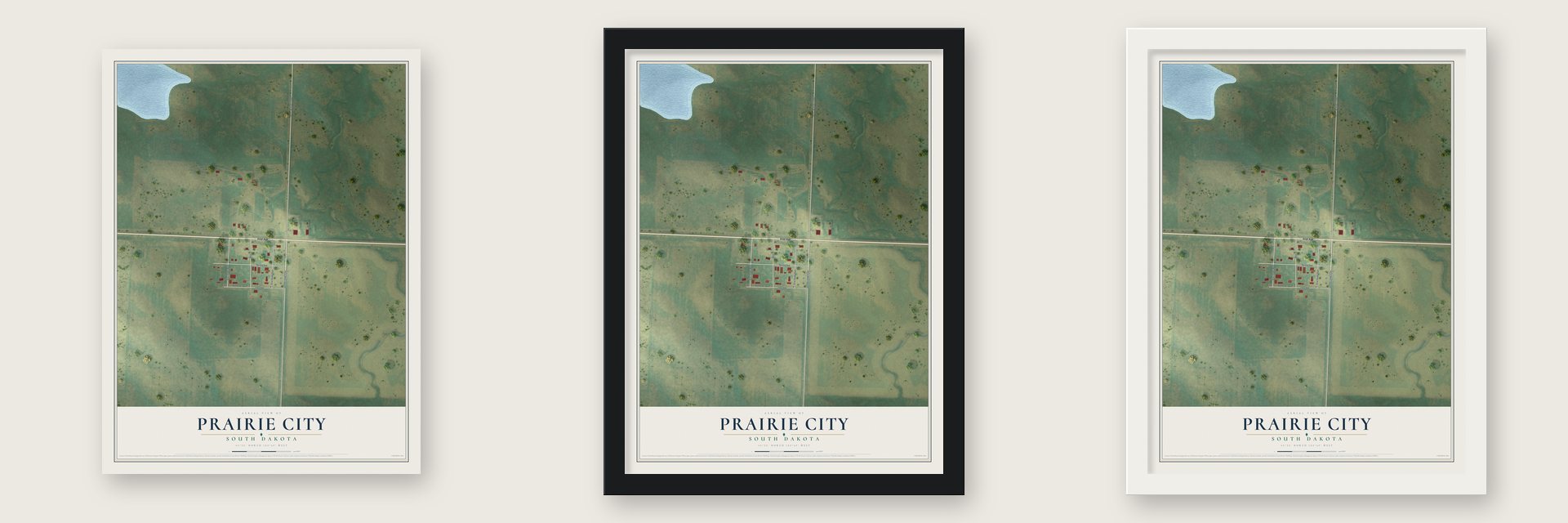Prairie City, South Dakota map unframed, in a black wood frame and in a white wood frame