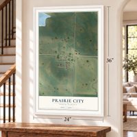 Prairie City, South Dakota map, 24 x 36 inch print in a white frame by a staircase
