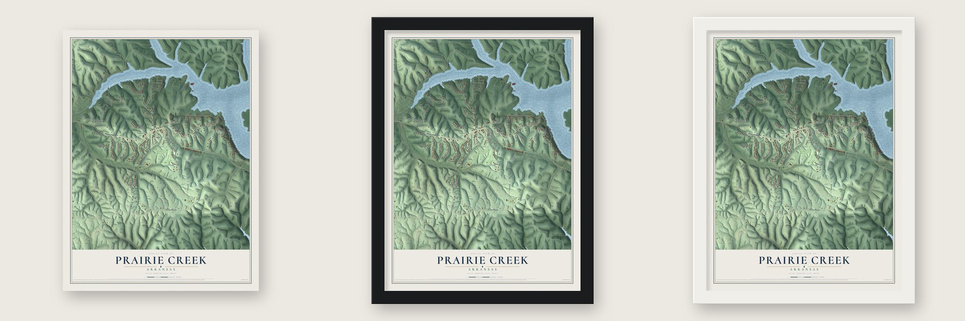 Prairie Creek, Arkansas map unframed, in a black wood frame and in a white wood frame