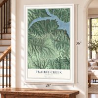Prairie Creek, Arkansas map, 24 x 36 inch print in a white frame by a staircase