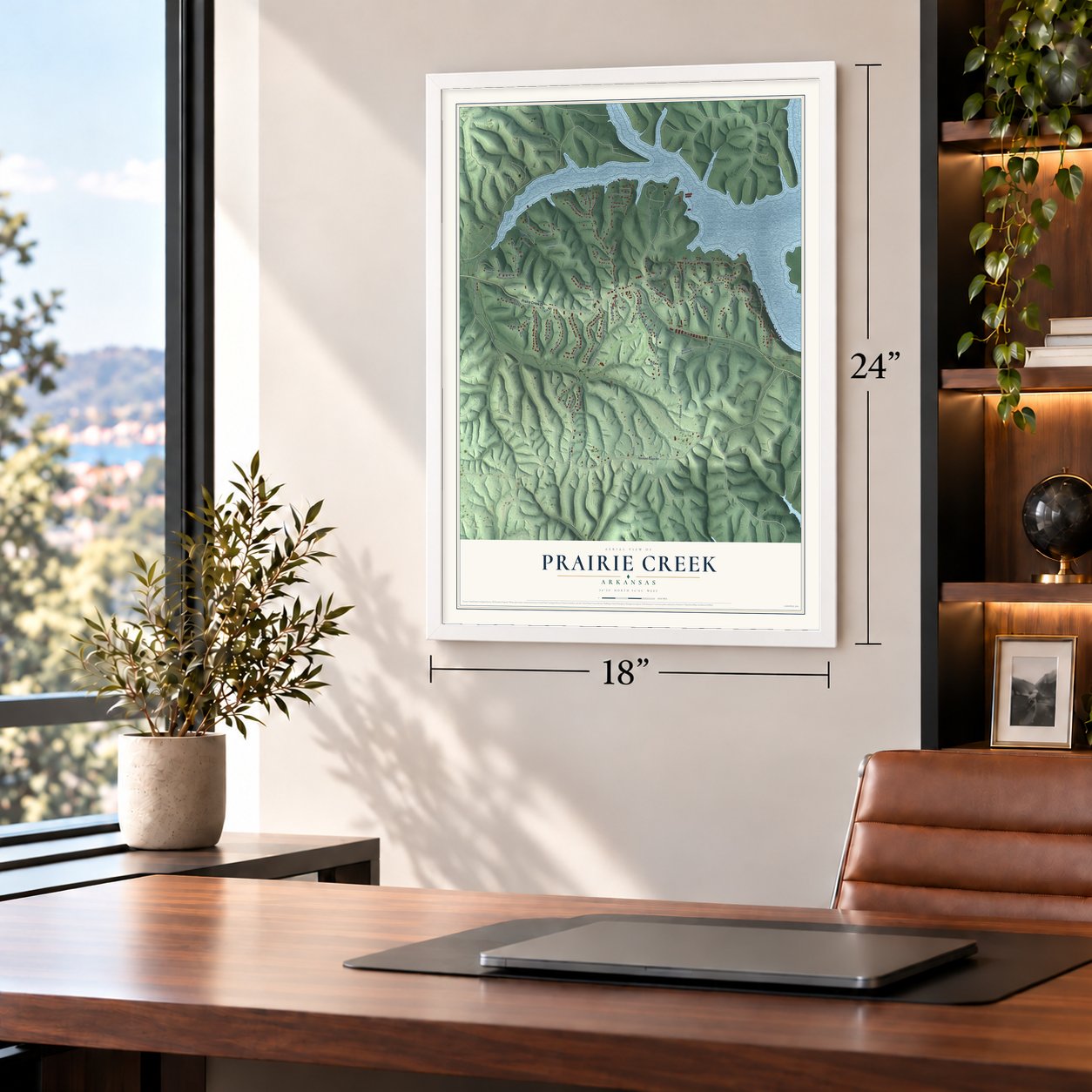 Prairie Creek, Arkansas map, 18 x 24 inch print in a white frame in a home office