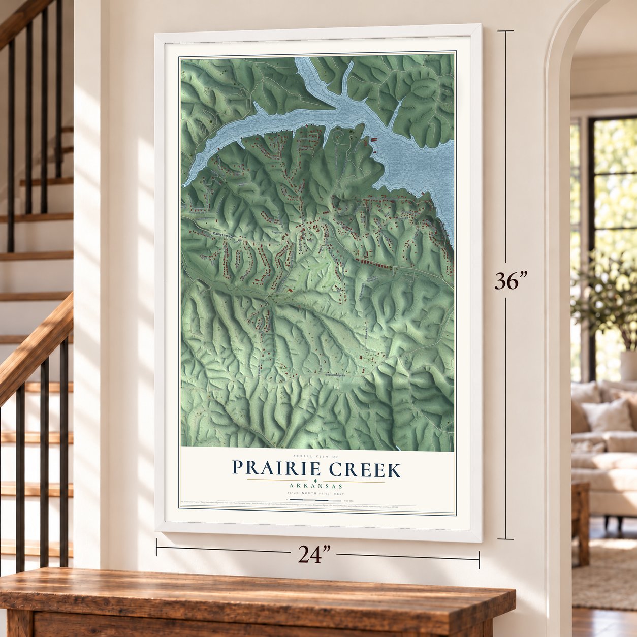 Prairie Creek, Arkansas map, 24 x 36 inch print in a white frame by a staircase