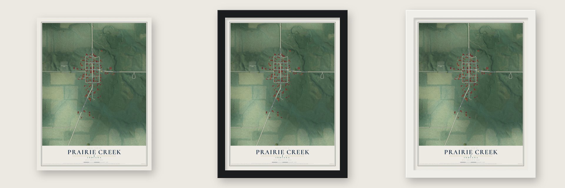 Prairie Creek, Indiana map unframed, in a black wood frame and in a white wood frame