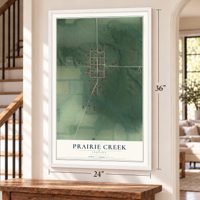 Prairie Creek, Indiana map, 24 x 36 inch print in a white frame by a staircase
