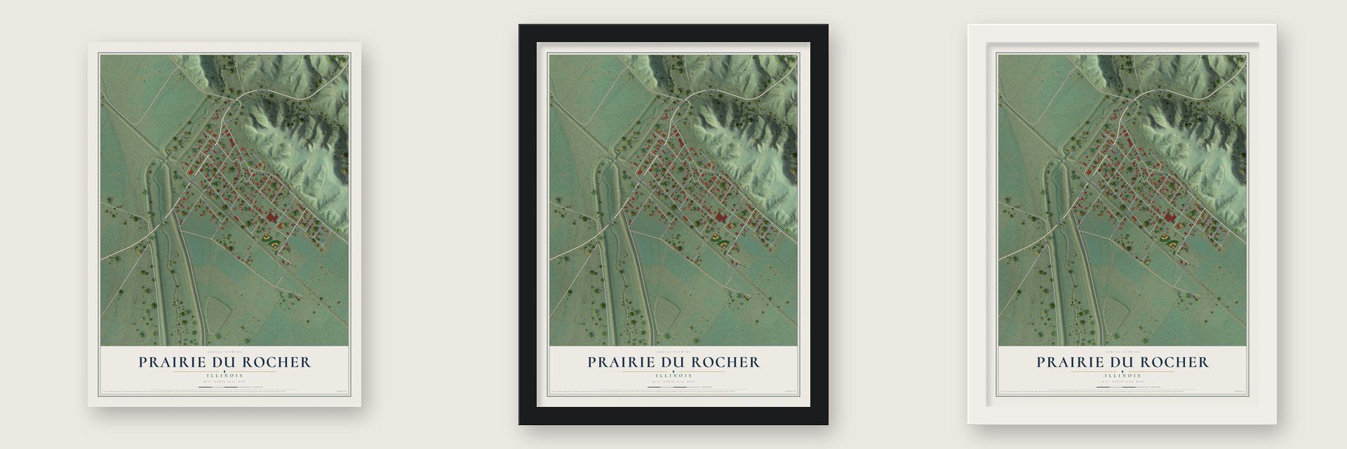 Prairie du Rocher, Illinois map unframed, in a black wood frame and in a white wood frame