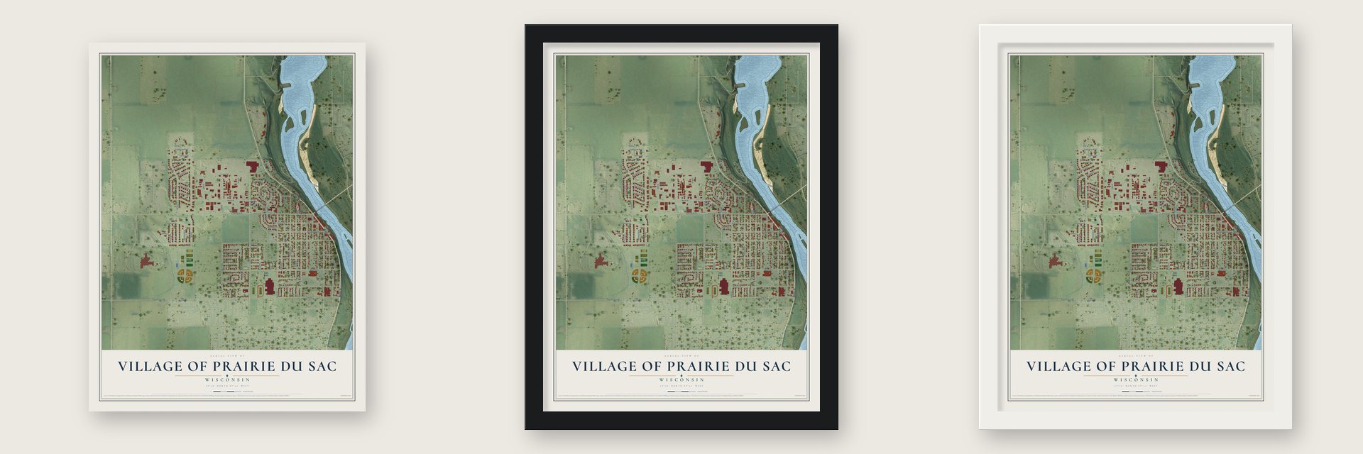 Prairie du Sac, Wisconsin map unframed, in a black wood frame and in a white wood frame
