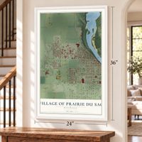 Prairie du Sac, Wisconsin map, 24 x 36 inch print in a white frame by a staircase