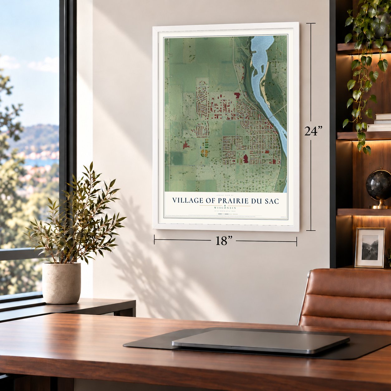 Prairie du Sac, Wisconsin map, 18 x 24 inch print in a white frame in a home office
